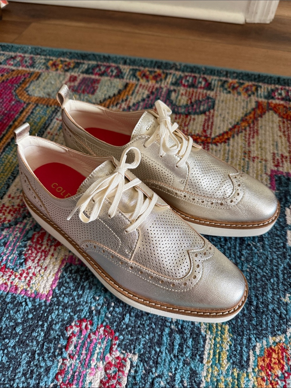 Cole Haan Gold Metallic Wingtip Lace-Up Flats